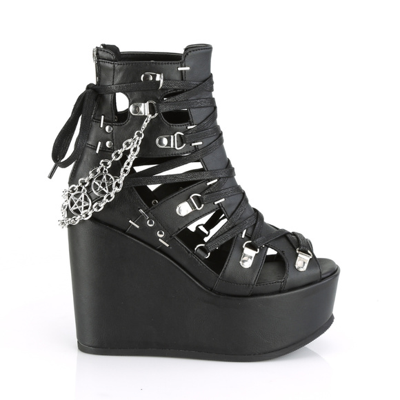 Goth Platform Wedge Bat Lace Up Cage Ankle Boots - Picture 5 of 5